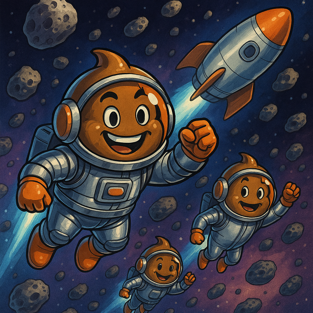 Captain Poopsie flying through an asteroid field