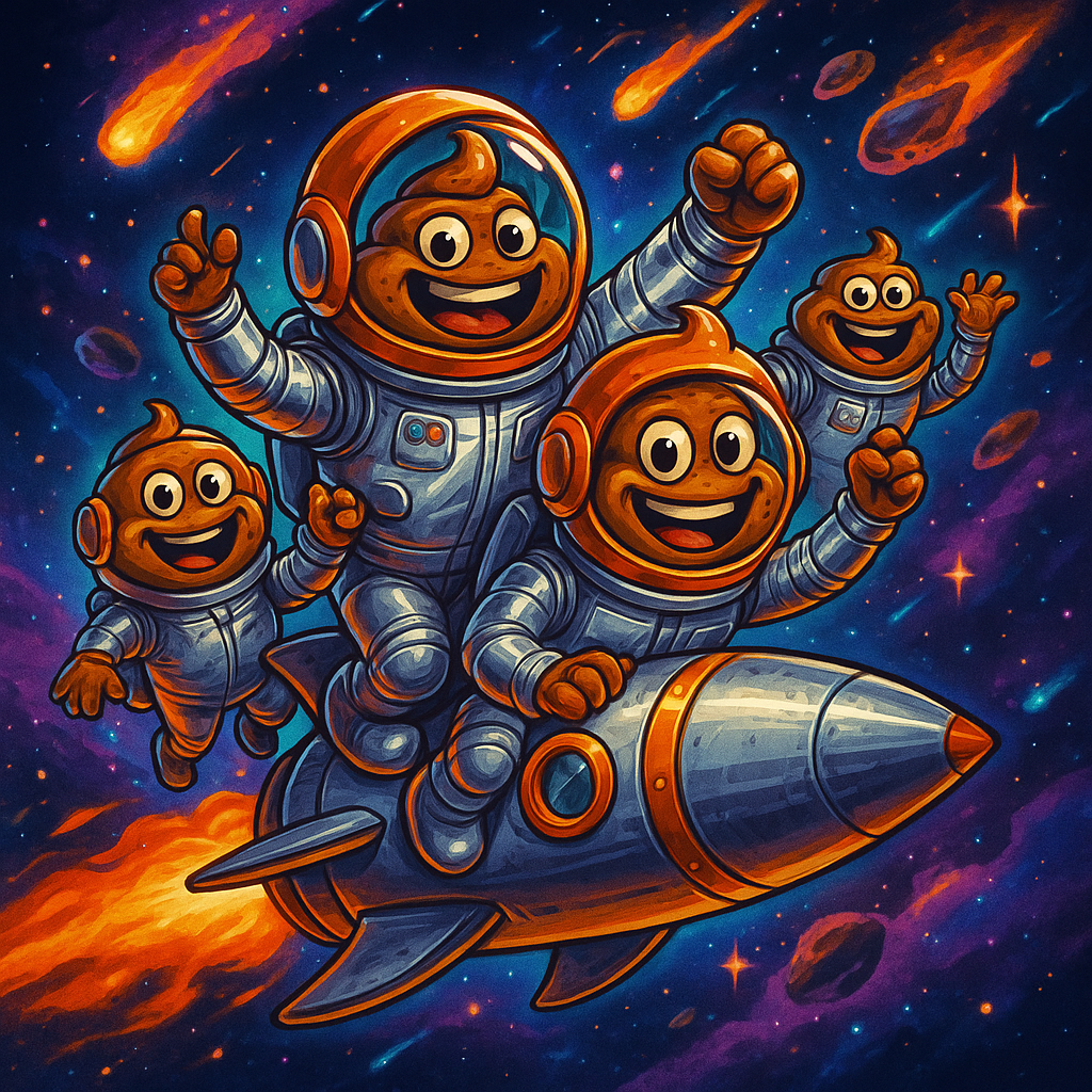 The Brown Brigade riding a rocket through space